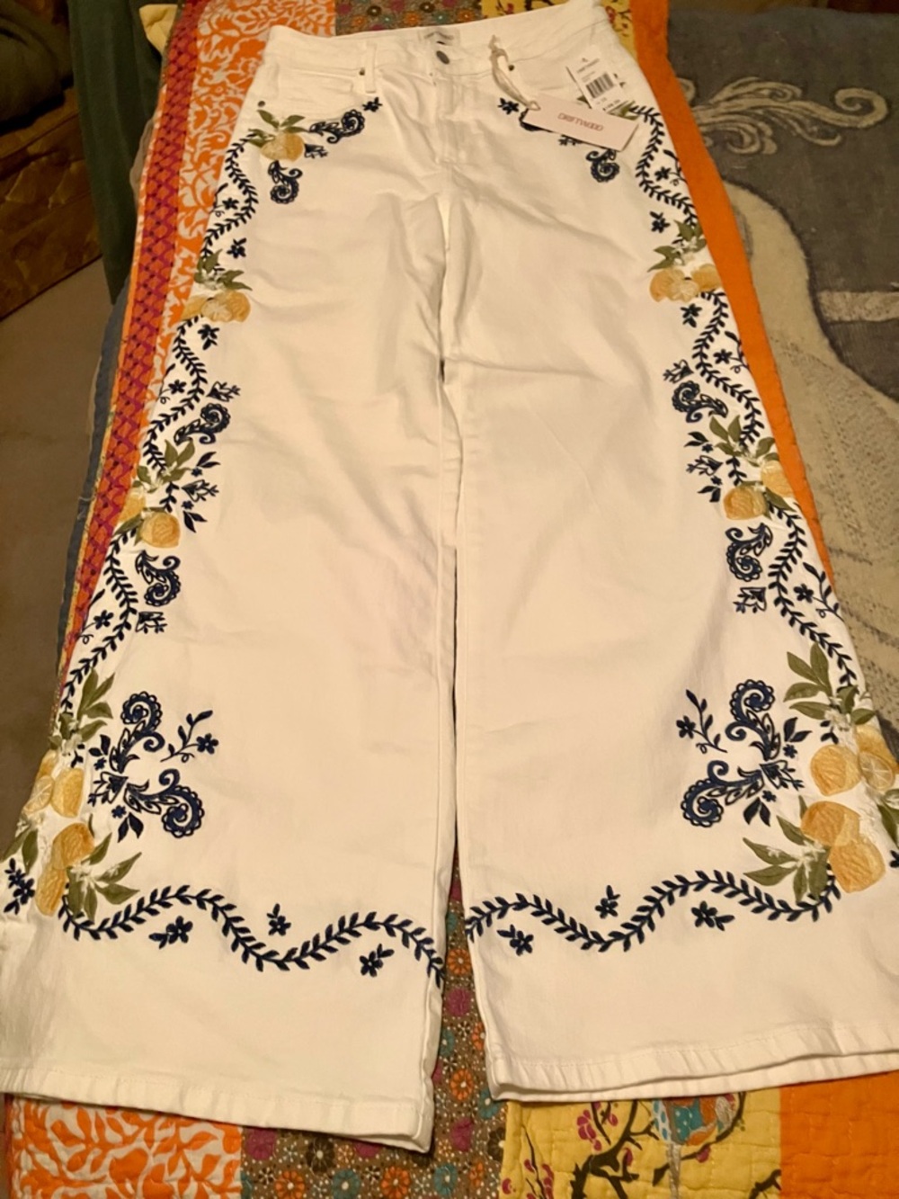 DRIFTWOOD Penelope Wide-Leg Jeans with Navy and Yellow Floral Embroidery, 28